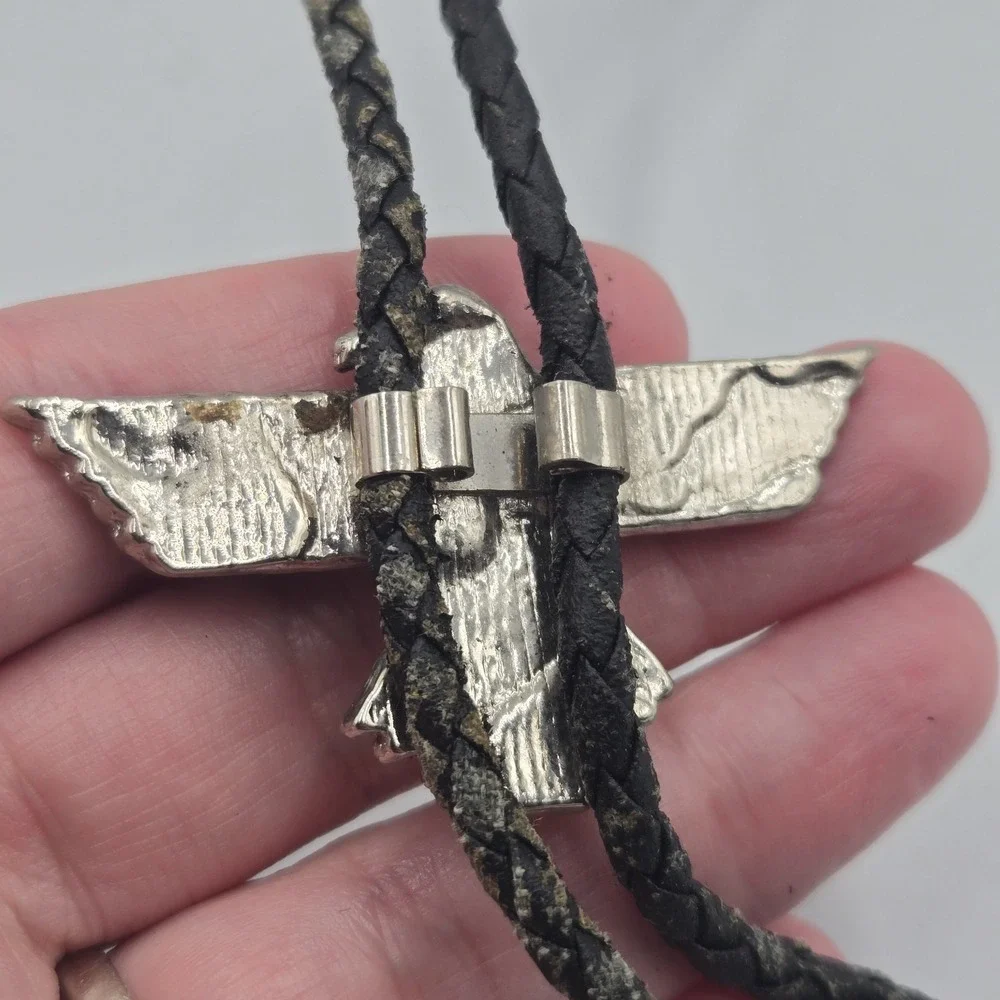 vintage Bolo‎ Western Tie Eagle W/ Crushed Turquoise Inlay Leather Braid Cord